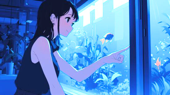 A young woman is teaching something in front of a large aquarium.