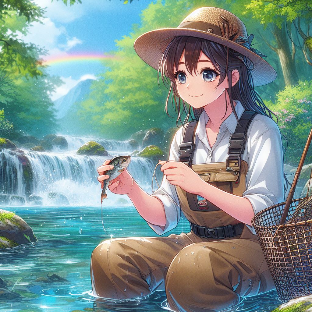 Image of a woman smiling and sitting on a stone while catching fish in a river.