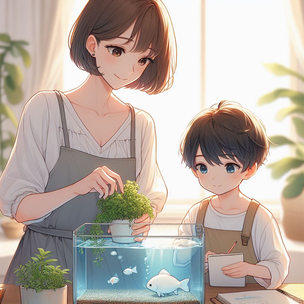 女性と子供が水槽に水草を入れようとしている画像