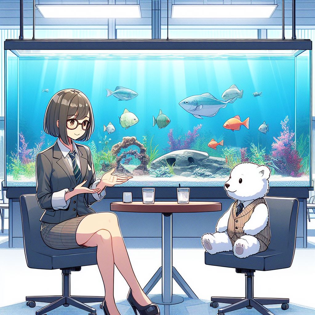 A woman in a suit is teaching a young polar bear something in front of a large aquarium.