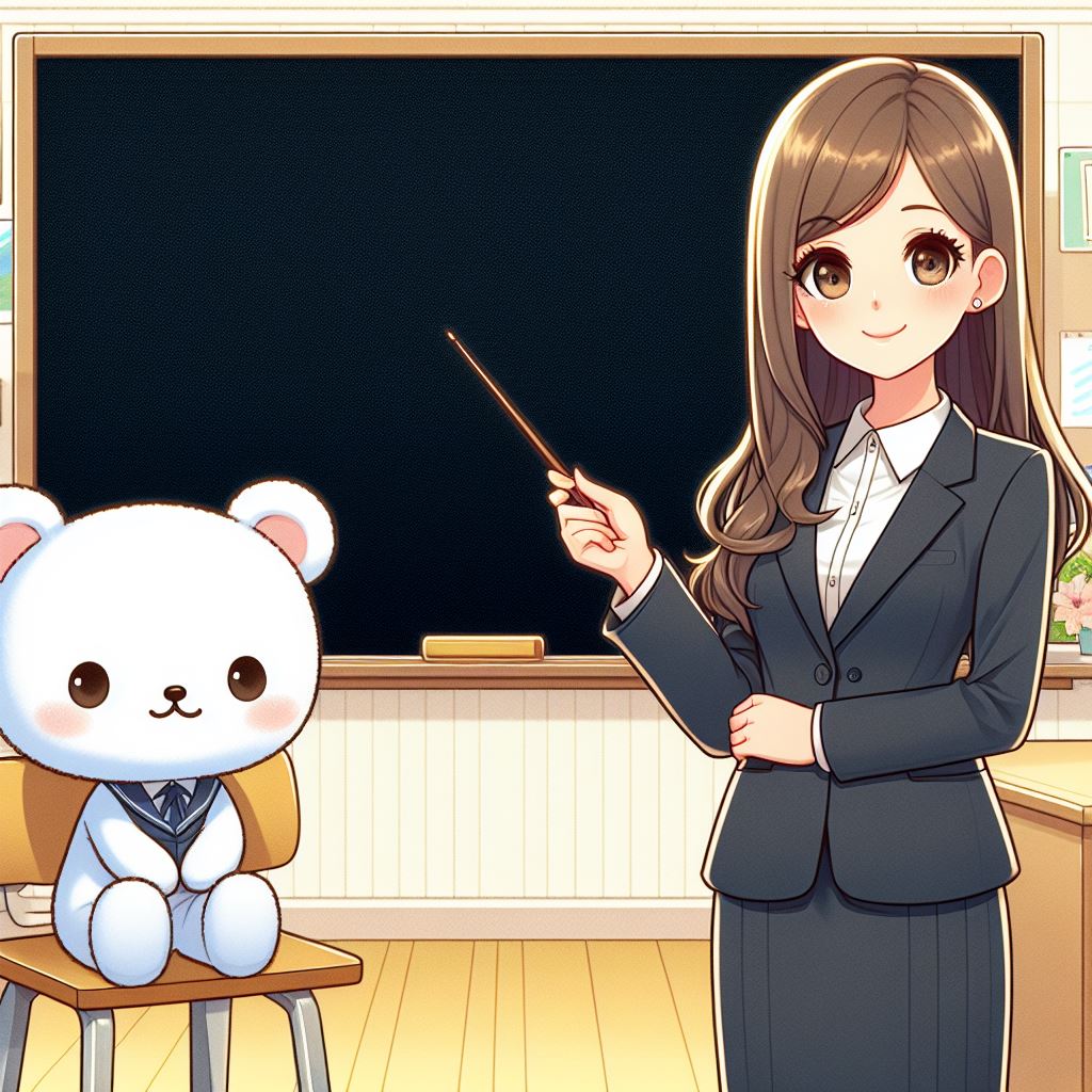 A beautiful woman in a suit and a child white bear are teaching something. The background is a school classroom.