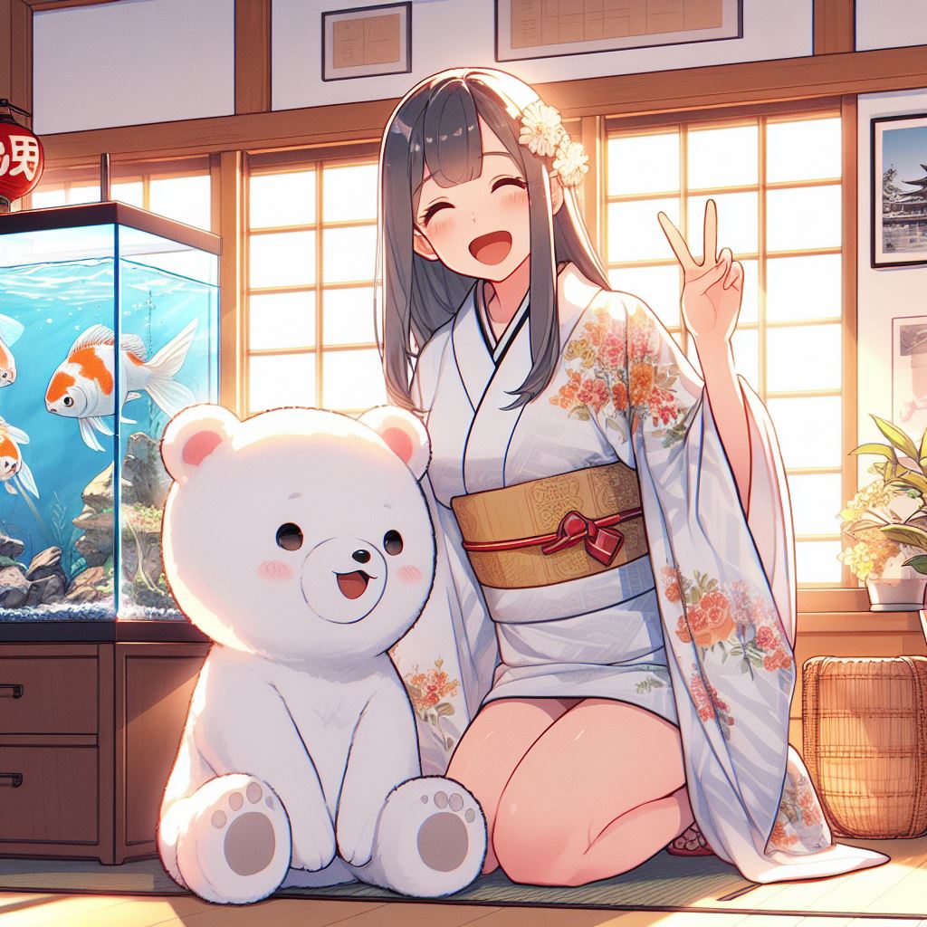 A young, beautiful woman with middle hair is happily making a peace sign. A child polar bear also looks happy beside the woman. A Japanese-style room with an aquarium in the background.