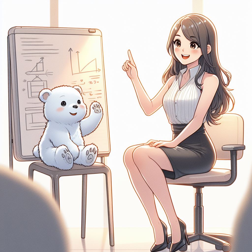 A beautiful woman teaches a child polar bear about water matching in an aquarium.