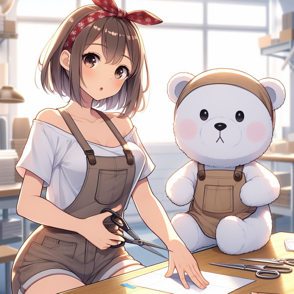 A beautiful woman and a child polar bear are building something in the workroom.