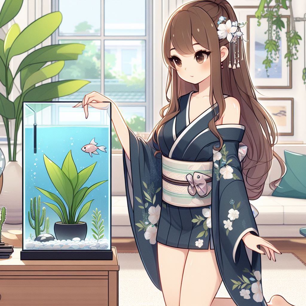 A woman in a beautiful kimono is looking at a small aquarium.