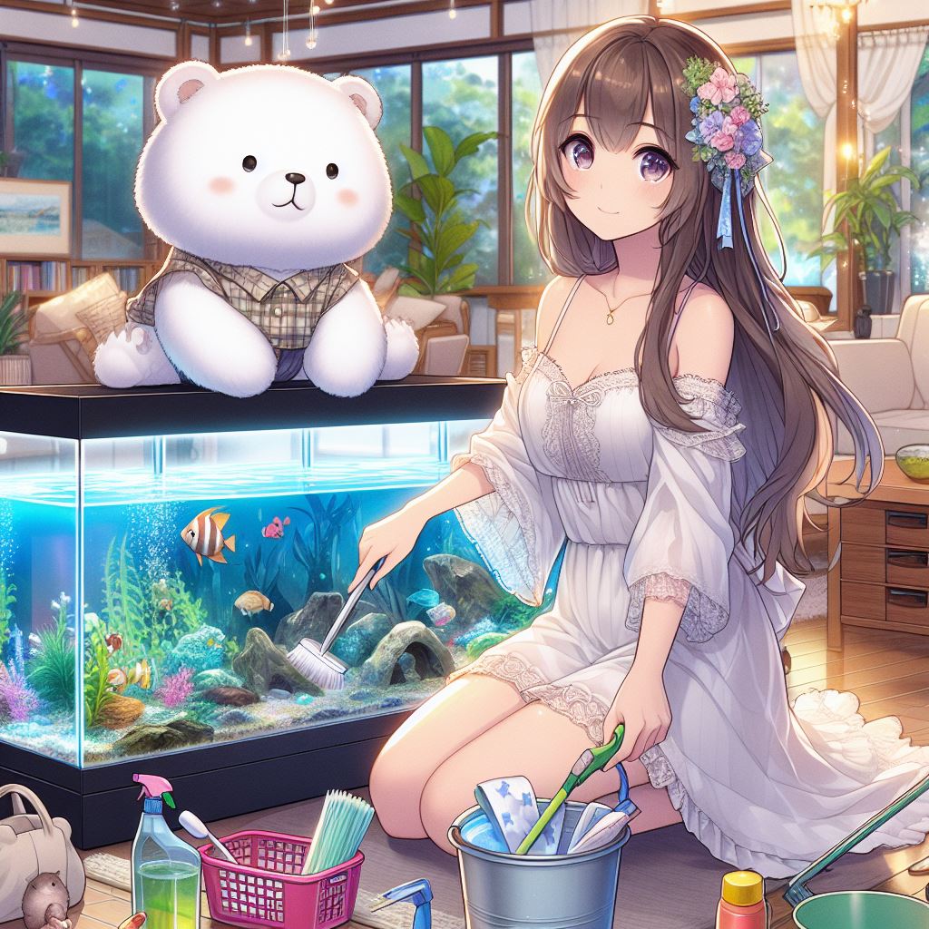 A child polar bear and a beautiful woman in short sleeves and a skirt are trying to clean a water tank with a lot of cleaning tools.