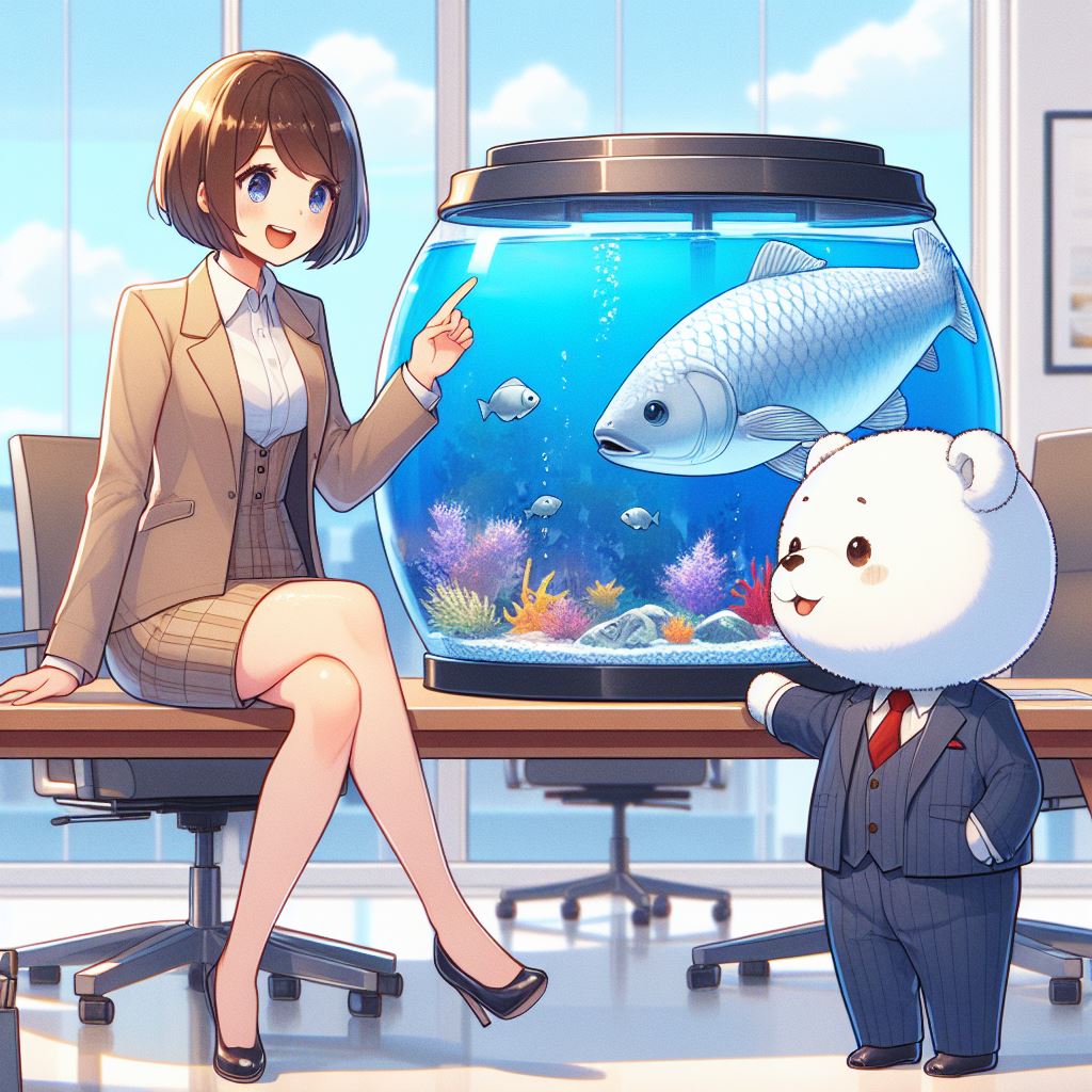 A beautiful woman in a suit and a child polar bear are conversing in front of a large aquarium.