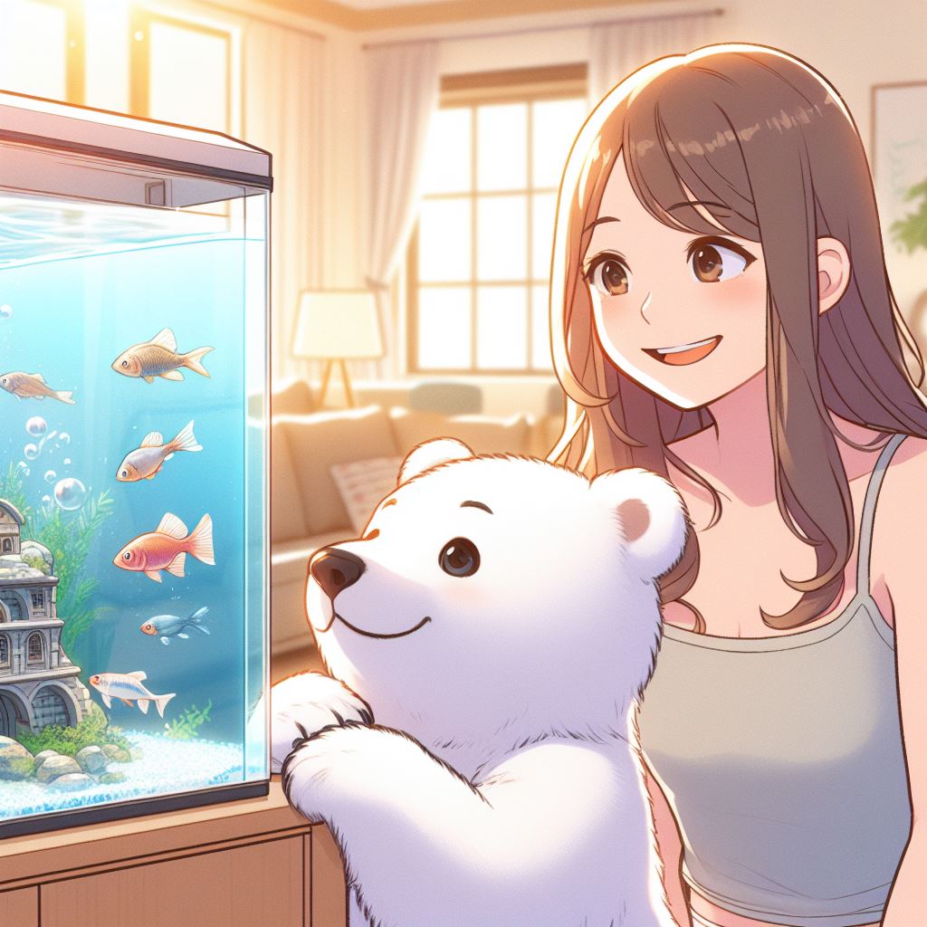 A woman in a tank top is enjoying looking at an aquarium.