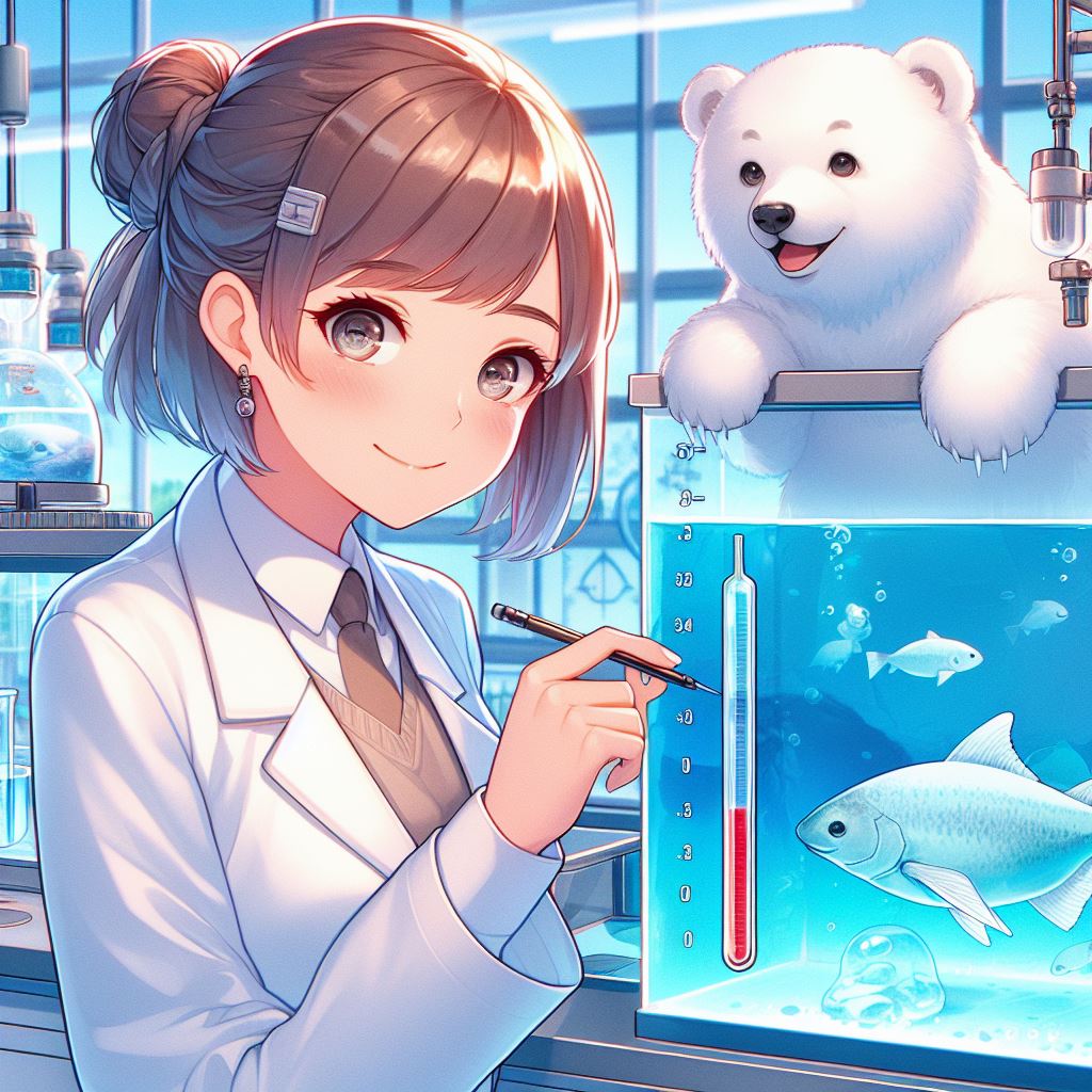 Image of a beautiful woman explaining the correct water temperature and suitable pH for different aquarium organisms.