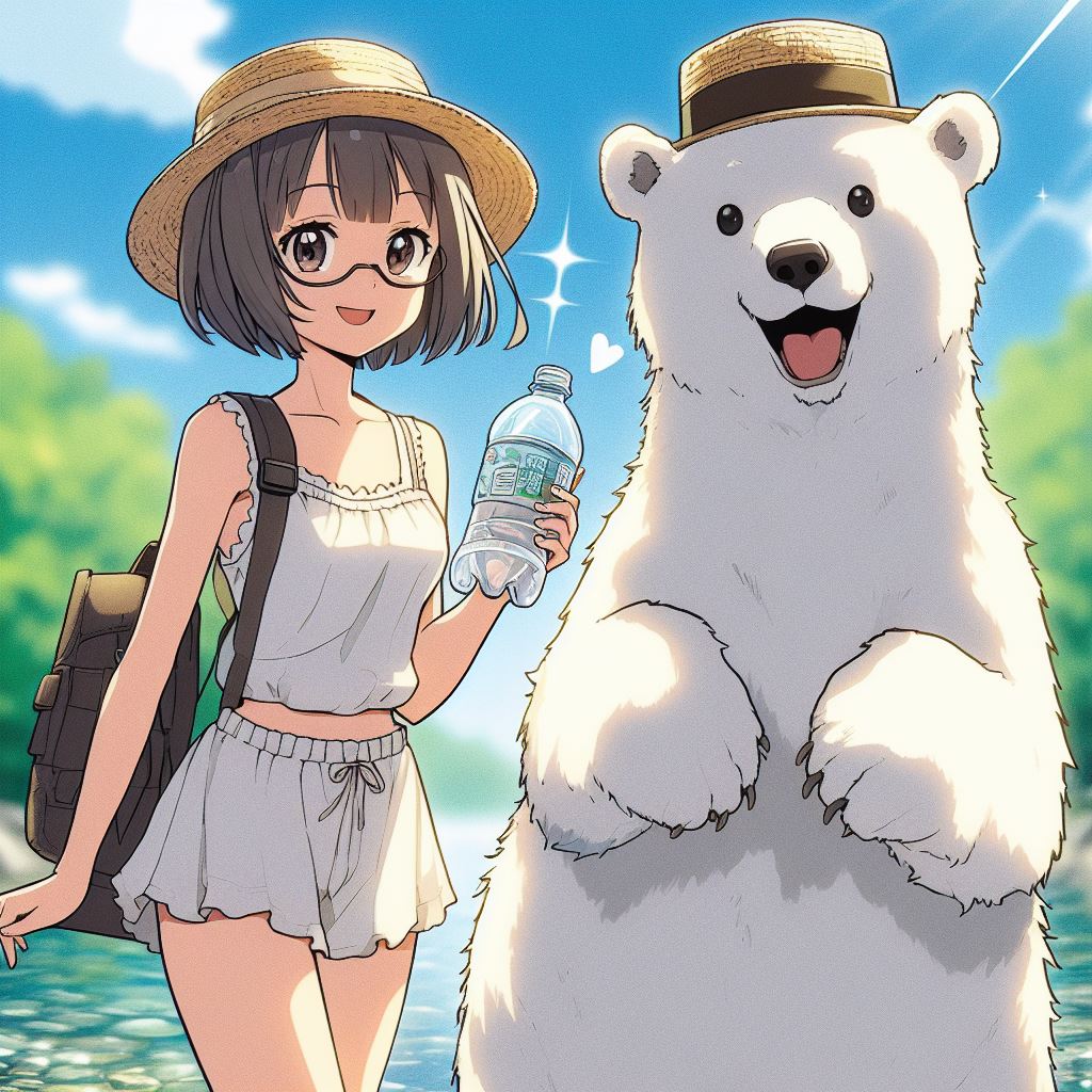 A beautiful woman in light clothing and a white bear stand in front of a beautiful river.