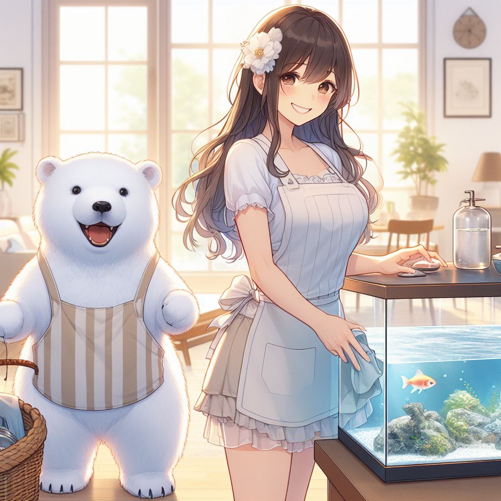 Beautiful woman and child polar bear smiling while tending to a performance aquarium.