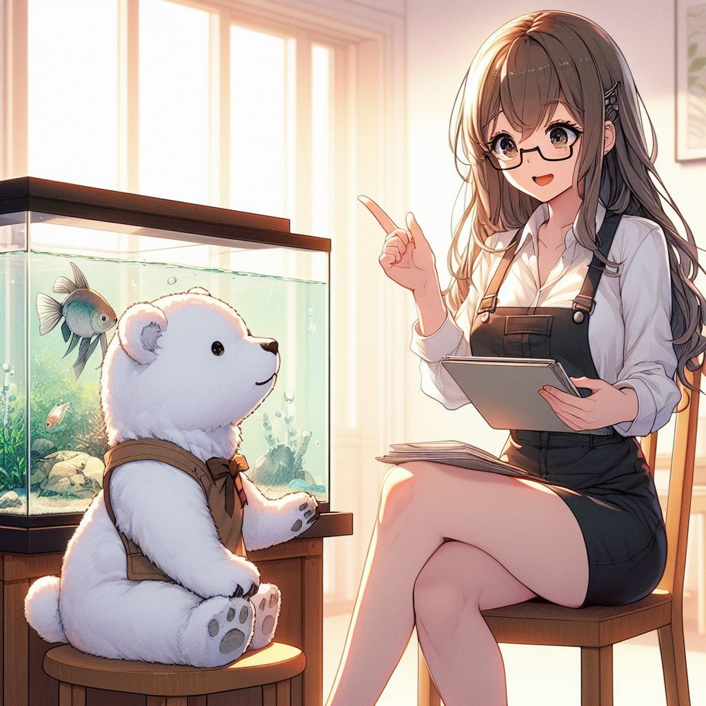 A beautiful woman with long hair and glasses is teaching a child polar bear something in front of an aquarium. The woman is sitting cross-legged in a shirt and skirt.