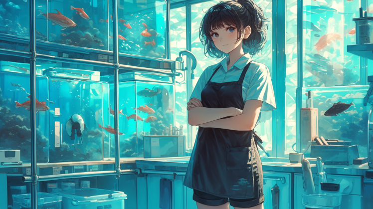 A female aquarium shop assistant stands with a stern expression on her face and her arms crossed. The woman is wearing a short cut, short sleeves and short trousers. The background is the backyard of the shop with many aquariums.